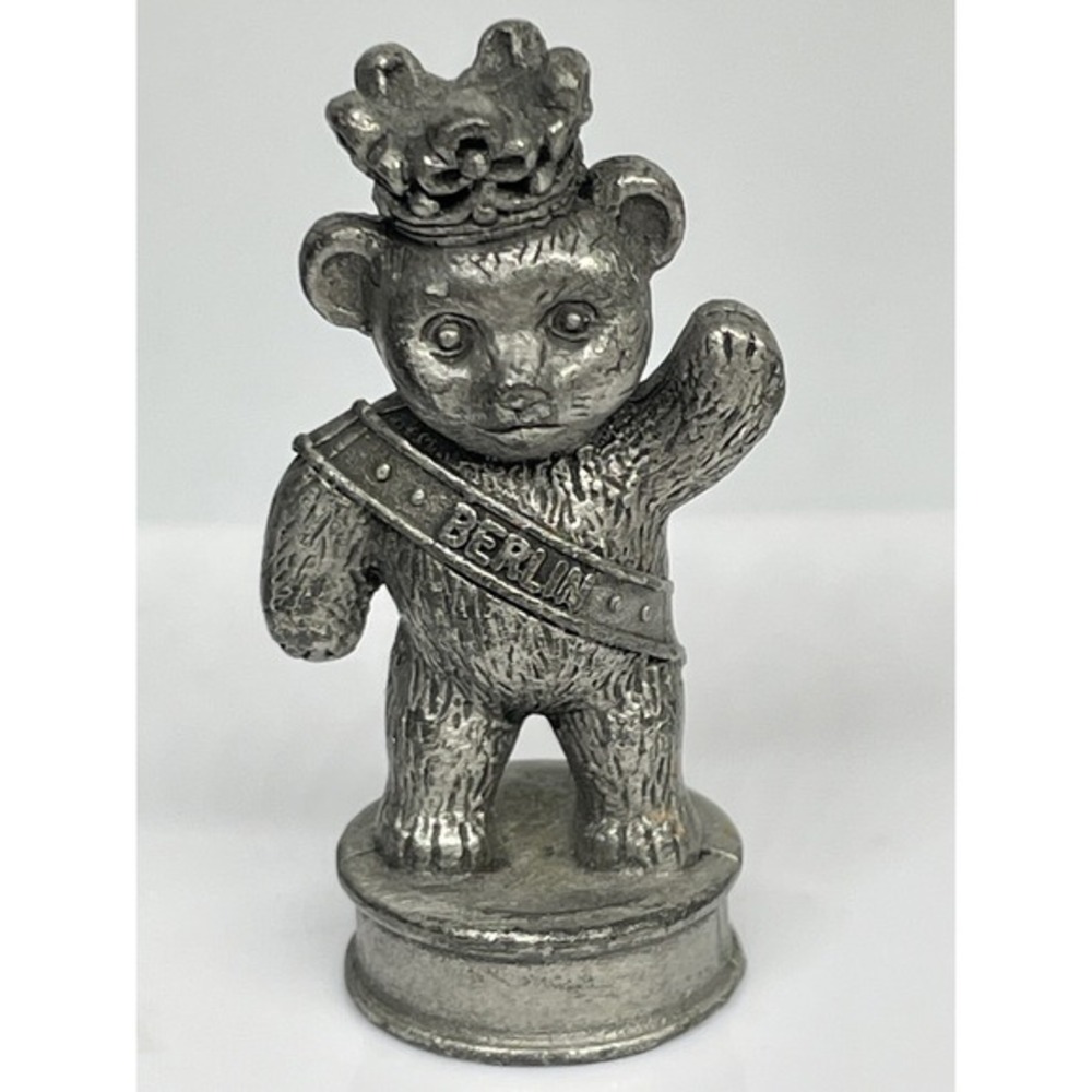 Vintage Berlin Bear Pewter Miniature Figurine Crown Sash Germany‎ Souvenir